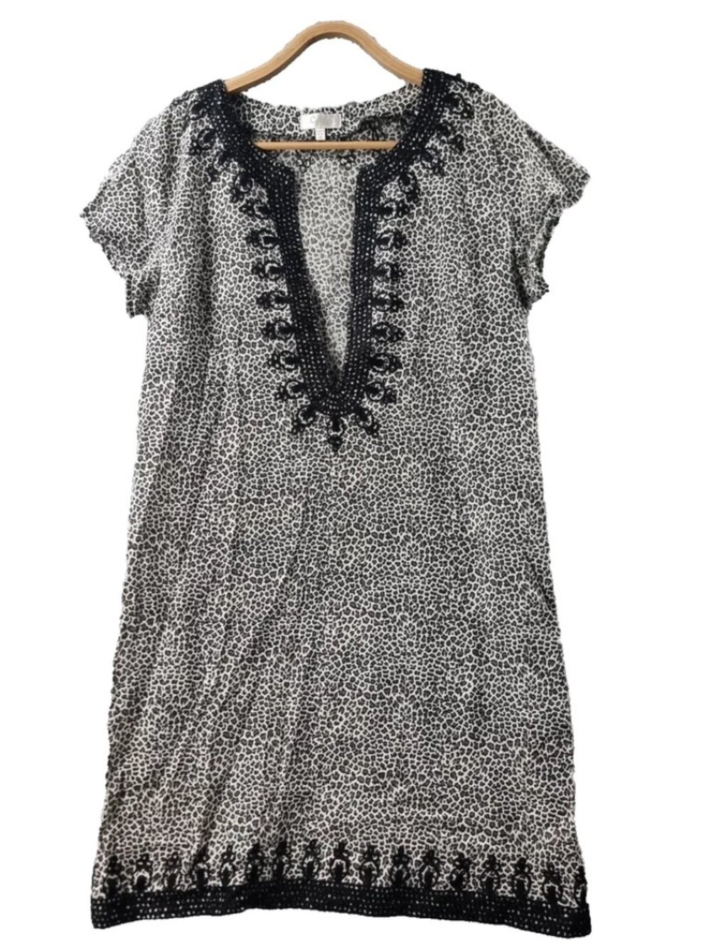 CAPTURE Dress Womens Size M Beige Brown Black Embroidered Short Sleeve A-line
